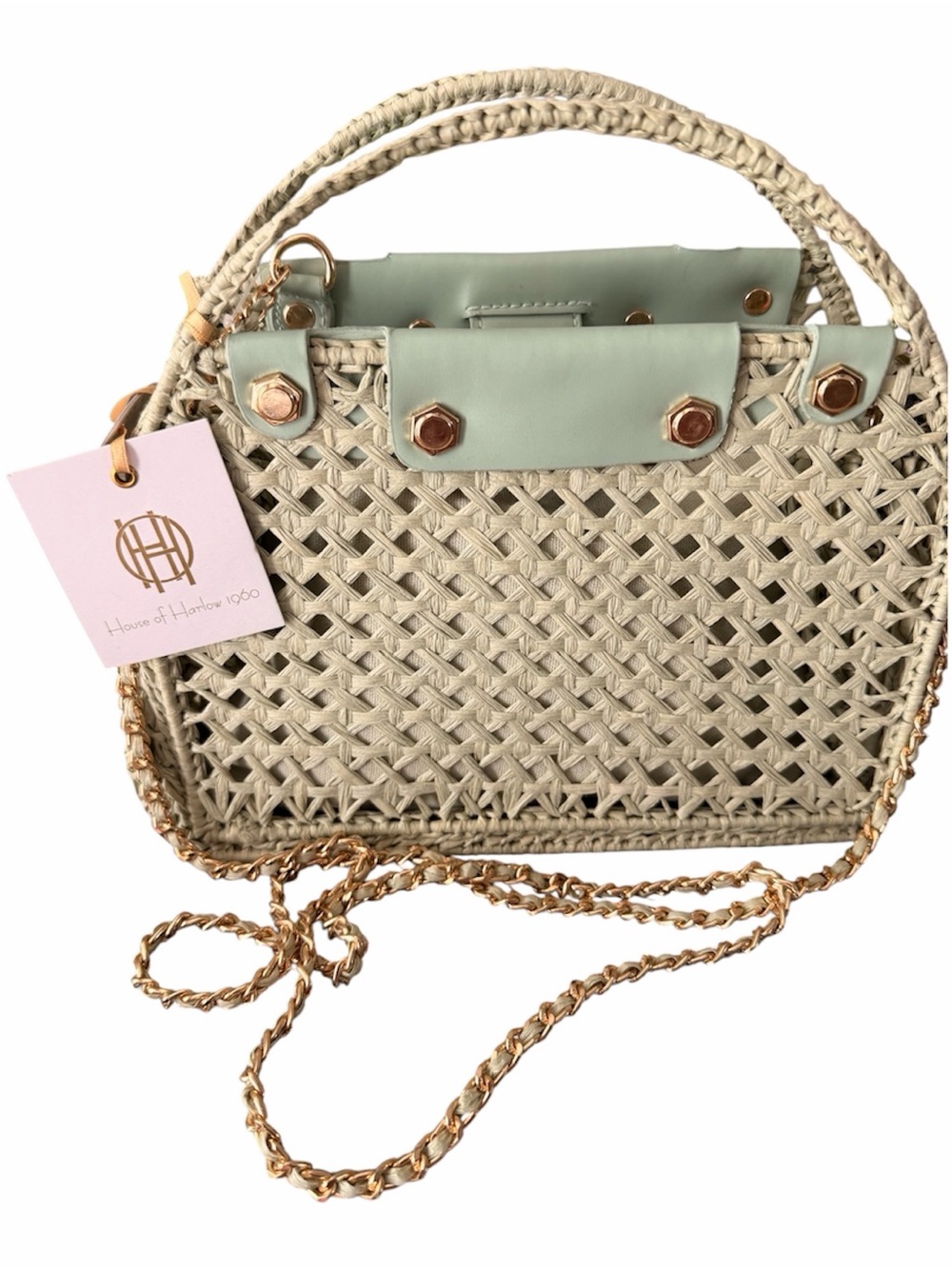 NWT House of Harlow 1960 Mint Woven Top-Handle Bag with Mint Trim w/Chain Strap